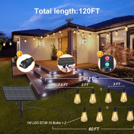 BLIATLUS 120FT Solar String Lights Outdoor Waterproof with Remote Control Solar Patio Lights 30+2 shatterproof LED ST38 Bulbs for Porch Garden Market Bistro Patio Backyard Fence