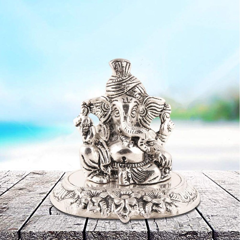 Lavanaya Silver Aluminium Lord Ganesha Idol, 9 X9 X9 cm,