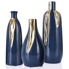 Ceramic Vase Set of 3, Blue and Gold Vases for Home Decor Farmhouse Vases, Mantels, Shelves and Entryways, Table Centerpieces, Living Rooms, Fireplaces and Kitchen Decor.