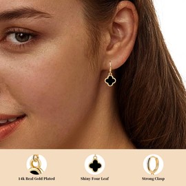 BAREEK Four Leaf Clover Earrings Hoop Dangle 14K Gold Clover Earrings Dainty Trendy Cute 4 Leaf Huggie Simple Lucky Earring Gold Black Clover Earrings Designer Jewelry Gifts Women Trendy Non Tarnish