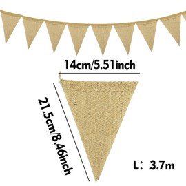 3.7M Burlap Flag Banner, 13PCS Rustic Linen Bunting, Natural Hessian Garlands Wedding Party Decoration (3.7M)
