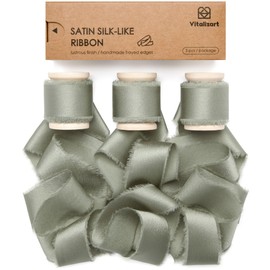 Vitalizart Cinta de satén de seda verde salvia polvorienta, 1 x 15 yardas, hecha a mano, cinta de gasa deshilachada con carrete de madera, cinta verde polvoriento, para envolver regalos, boda, novia,