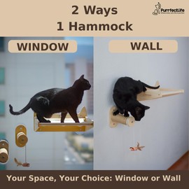 PurrfectLife Cat Window Perch & Wall Hammock – 2-in-1 Cat Hammock for Window or Wall Mounting, Solid Wood with Suction Cups, Climbing Steps & Bonus Toy – for Large Cats.