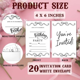 SIXEIGHT White Bow Birthday Invitations, White Ribbon Bow Birthday Party Invitations, 20 Party Invitations with Envelopes for Girls Boys, Birthday Party Favor & Decoration (4"x6")-A17