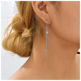 Aneneiceera Vintage Chain Tassel Earrings Metal Sleek Chain Dangle Earrings Punk Fringe Chain Earrings Silver Long Circle Drop Earrings Jewelry for Women
