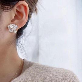 Glossy Silver Flower Rhinestone Stud Earrings for Women,Dainty Statement Square Petal Piercing Earrings,Stylish Formal Birthday Jewelry Gifts (White)