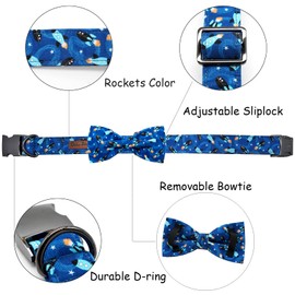 Bobo Rainbow Dog Collar, Bowtie Dog Collar Rockets Print Boy Pet Collar Bow Tie Collar for Dogs Soft Durable Adjustable Dog Collar for Large Dogs