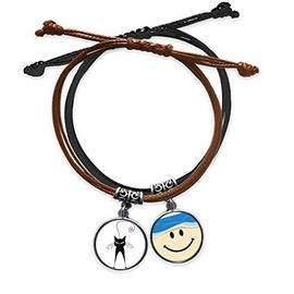 MCJS cute black cat pet lover animal art outline bracelet hand chain leather sling face wristband