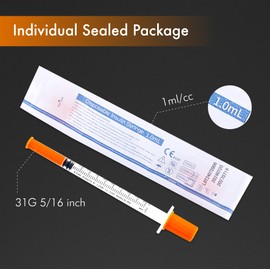 1ml/cc 31G 8mm Syringes, Lab Dispensing Syringe, Individual Wrapped, 20 Pack