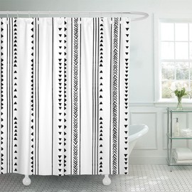 TOMPOP Shower Curtain Gray African Triangle Stripes Boho Bohemian Herringbone Pattern Monochromatic Black White Modern Geometric Bathroom Waterproof Polyester Fabric 72 x 72 Inches Set with Hooks