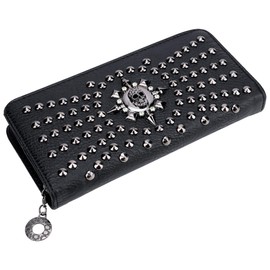 BUNCHBRAVO Studded Skull Wallet for Women, Black Gothic Clutch with Metal Studs, Zip-Around Compact Leather Purse for Cards and Cash, Black, Small