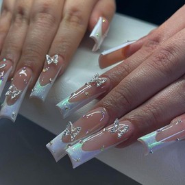 French Tip Press on Nails Long Coffin Fake Nails with 3D Rhinestones Butterfly Glitter Designs White Nails Press ons Glossy Glue on Nails Nude Acrylic Nails Cute Stick on Nails for Women 24Pcs