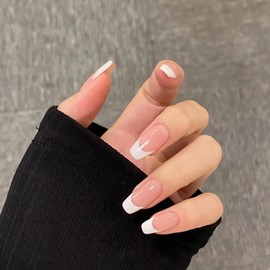 24pcs False Nails With Glue - Long Coffin Ballerina Manicure Full Cover Press on Nails - Cool Fake Nails for Women Girls (Nude French White)