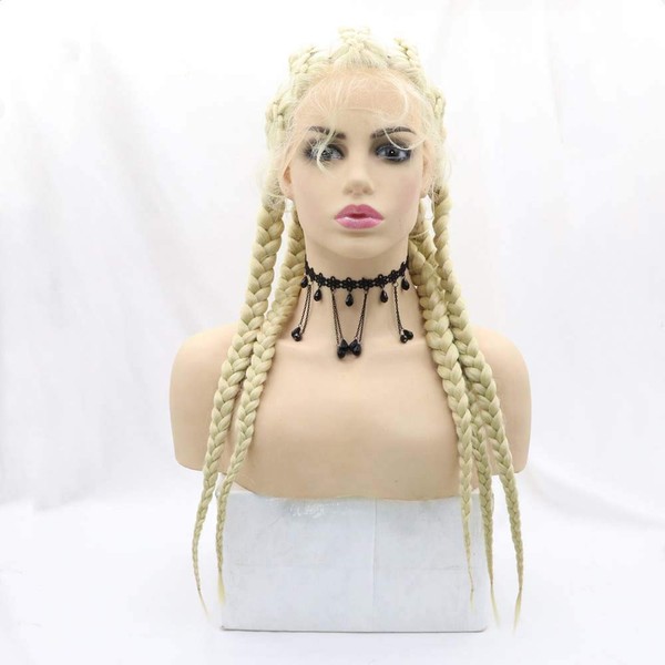 Xiweiya Hand Braided Synthetic Lace Front Wig with Baby Hair 5 Braids Handmade Cornrow Braids Synthetic Hair Blonde 613#