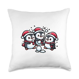 Adorable Penguin Santa Hat Winter Snowball Fight Adorable Cute Penguin Santa Hat Winter Snowball Fight Throw Pillow, 18x18, Multicolor