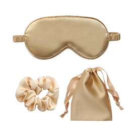 UUYYEO 3 Pcs Artificial Silk Sleep Masks Set Satin Sleeping Eye Mask Hair Scrunchies Night Blindfold Blackout Eyeshades Eye Cover Wedding Bridesmaid Gifts Golden