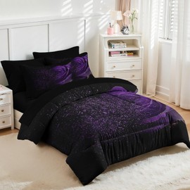 Nesker Comforter Set King Size, Purple Rose 7 Pcs Bedding for Kids and Adults, Fantasy Dream Flower Bed Sheet Sets with Fitted Sheet 2 Pillowcases & 2 Shams