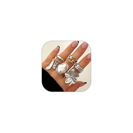 XUN Zhe Liquid Lava Chunky Stackable Finger Rings Set Stone Baroque Pearl Knuckle Open Rings Vintage Flower Joint Midi Ring Gold Silver Jewelry for Women Gift (Silver)