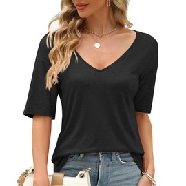 Sherosa V Neck T Shirts for Women Half Sleeves Cotton Summer Tops Simple Tees Black XL