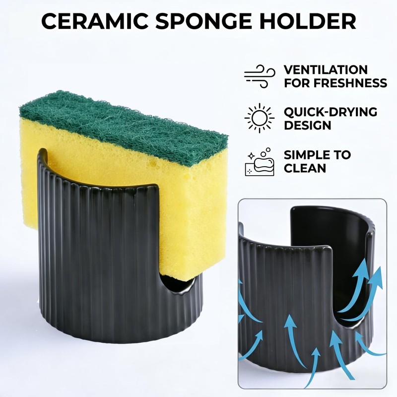 Ceramic Sponge Holder for Kitchen Sink - Dishwasher Safe Porcelain