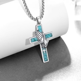 Fuguangju Cross Necklace for Men Women 925 Sterling Silver Praying Hands Necklace Serenity Prayer Religious Jewelry Gifts for Men Women