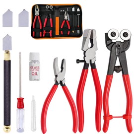 Glass Cutting Tool Set Kit, Wheeled Glass Tile Nippers,Glass Running Pliers,Breaking Pliers, Oil Feed Glass Cutter Set with Leather Zipper Bag for Stained Glass, Tiles, Mosaic, Mirrors,Bottle, Fusing