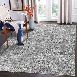vivorug 5x7 Area Rugs, Stain Resistant Washable Rug for Living Room, Neutral Vintage Inspired (Grey/Medallion, 5'x7')