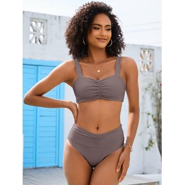 ANRABESS - Traje de baño para mujer, con control de abdomen, 2025, frente a la playa, cintura media, fruncida, con correas ajustables, Café, X-Large