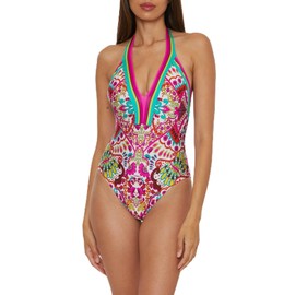 Trina Turk Women's Standard One Piece Swimsuit, Plunge Neck, Floral Print, Bathing Suits, Hawaiian Garden (Multicolor), 8