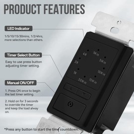 ECOELER Wall Timer Switch, 1-5-10-20-30-60mins, 2-4 Hour Countdown Settings Light Switch with Constant On Mode for Bathroom Fans and Lights, ETL Listed, Black, 4 Pack