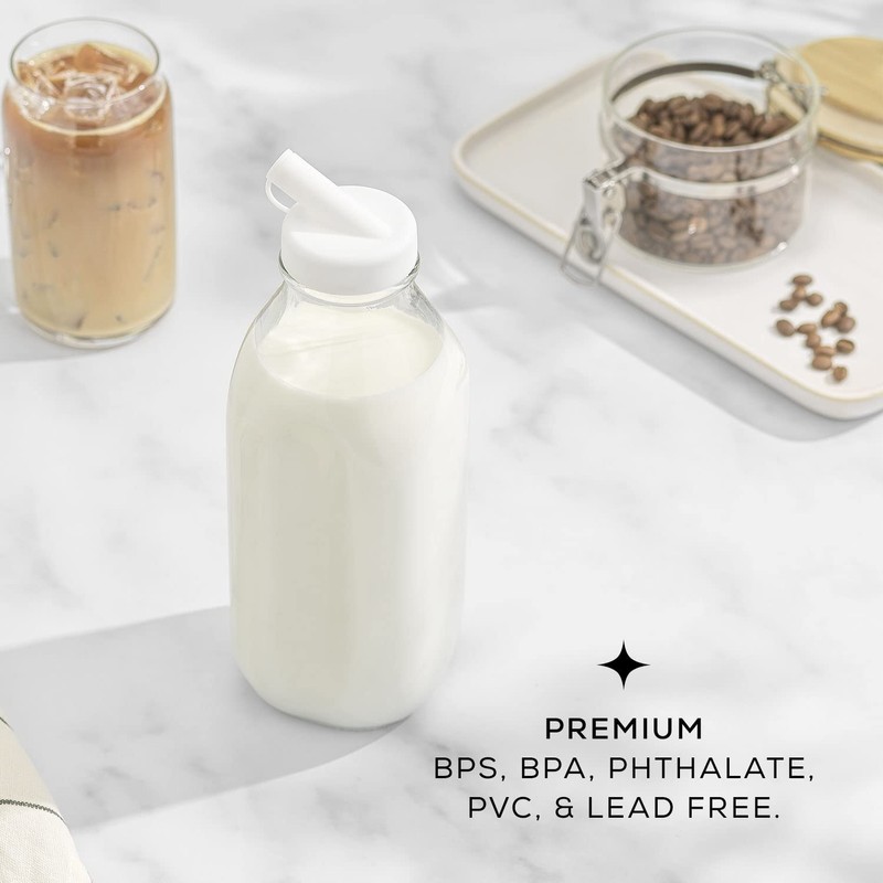 JoyJolt Glass Milk Bottles with Lids and Pourer – 32