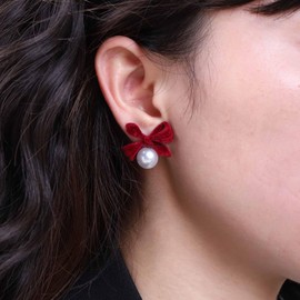 Aneneiceera Vintage Velvet Bow Pearl Earrings Red Suede Bow Stud Earrings Tiny Pearl Dangle Earrings Thick Red Bowknot Earrings Jewelry for Women and Girls (Red)