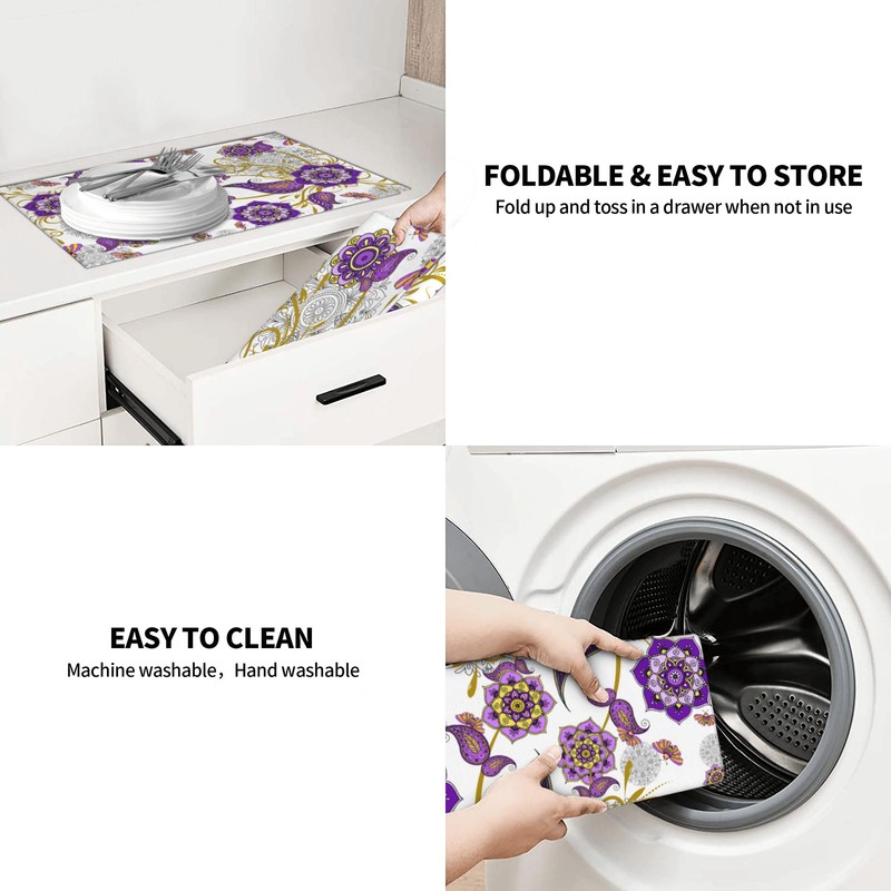 Purple Flower Kitchen Drying Mat Boho Floral Microfiber Dish Drainer