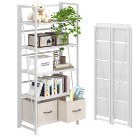 4NM No-Assembly Folding Bookshelf Storage Shelves 5 Tiers with 2 Drawers Vintage Bookcase Standing Racks Study Organizer Home Office (All White)
