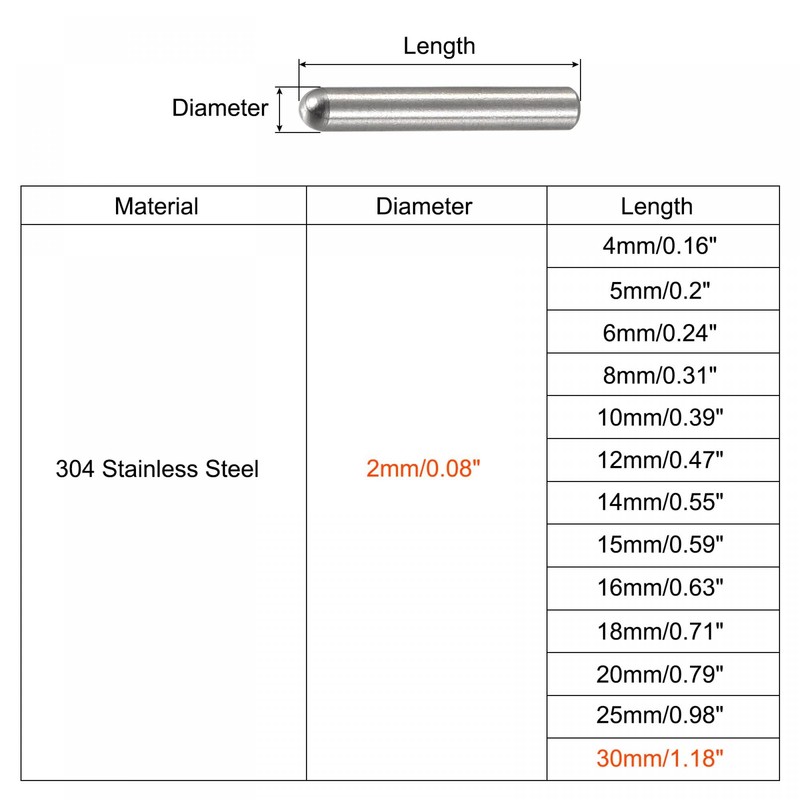 sourcing map 2x30mm Dowel Pins, 20pcs 304 Stainless Steel Round