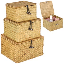 3 PCS Handwoven Natural Seagrass Storage Baskets, Wicker Baskets with Lids, Woven Rectangular Basket Bins, Multipurpose Storage Box for Home Organization, Stylish Gift Basket