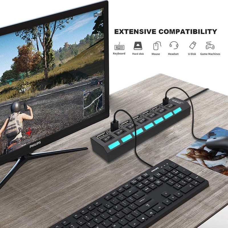 PeakTrend Multi Port Splitter, 7 Port USB 2.0 Hub, USB