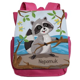 minimutz Nursery backpack with name for boys and girls, cute raccoon motif, small children's backpack including desired name and chest strap, ideal for nursery and nursery from 2-5 years, pink
