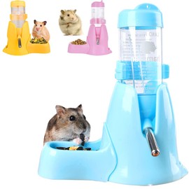 PAMELARG Botella de Agua Colgante 3 en 1 para Hámster, Dispensador Automático con Contenedor de Alimentos para Cobayas, Conejos, Animales Pequeños (Azul, 80 ml)