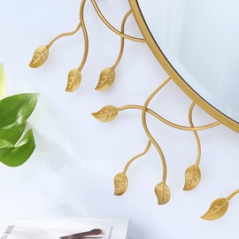 Chende 47" x 47" Large Round Decorative Mirror, Living Room Wall Mirror with Metal Leaves, Gold Mirror Wall Decor with Frame for Hallway, Dining Room, Bedroom