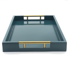 Serving Tray with Polished Metal Handles, 16.5''x12'' Rectangle Coffee Table Tray, Modern Decorative Tray, Large Ottoman Tray, Perfect for Storage and Display (Teal)