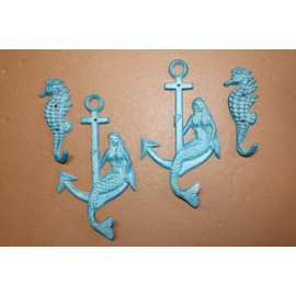 Nautical Themed Mermaid and Anchor Decorative Wall Hooks, Seahorse Wall Hook Set of 4, N-2,15
