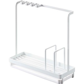 Yamazaki 4993 Sponge & Cleaning Tool Stand, White, Approx. W 9.8 x D 3.5 x H 9.6 inches (25 x 9 x 24.5 cm), Tower, Double-Sided Tray, Sponge Rack, Tool Hook