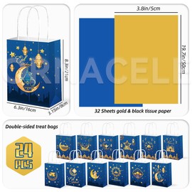 ORNACELE 24PCS Eid Mubarak Gift Bags with Blue Gold Tissue Paper, Ramadan Mubarak Candy Bags Paper Sweetie Treat Bag Bags for Eid Event, Muslim Birthday Party Favor Supplies