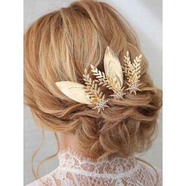 Yean Gold Leaf Wedding Hair Pins Rhinestone Star Bridal Hair Pieces Laurel Leaves Hair Accessories for Women and Girls(Pack of 3）