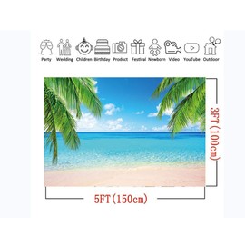 Summer Tropical Beach Theme Photo Backgrounds 5X3FT Sea Ocean Palm Leaf Sand Beach Blue Sky White Hawaii Photography Backdrops Wedding Bride Shower Baby Birthday Party Banner Supplies Props Vinyl