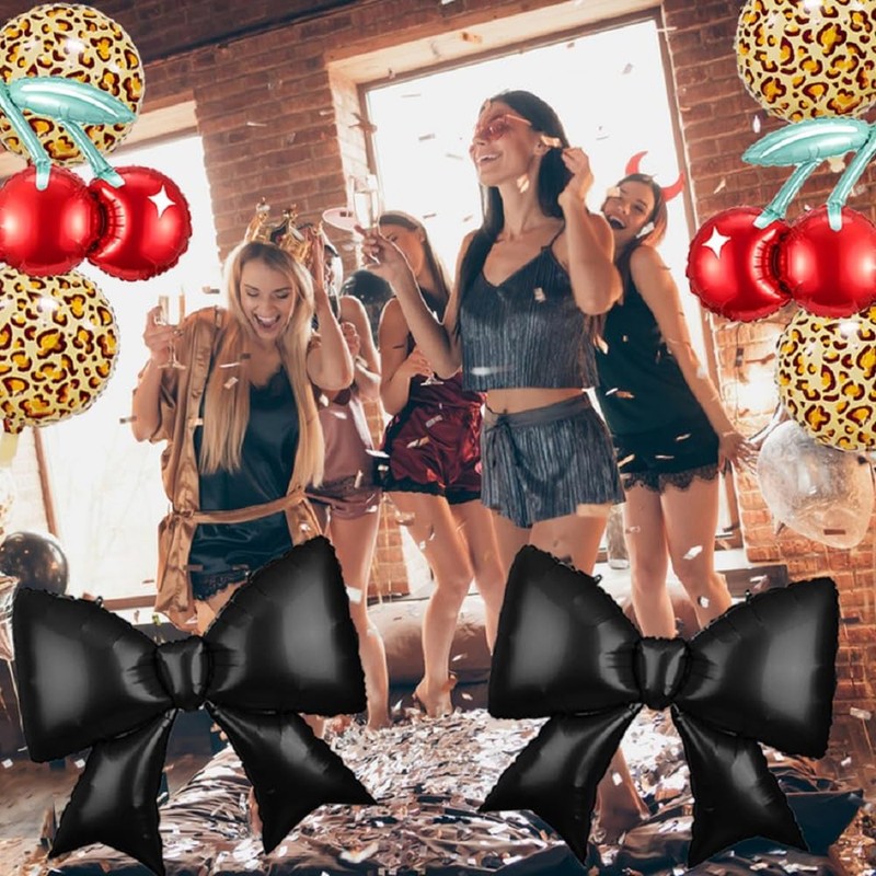 8PCS Black Bow and Cheetah Cherry Foil Balloons Decorations