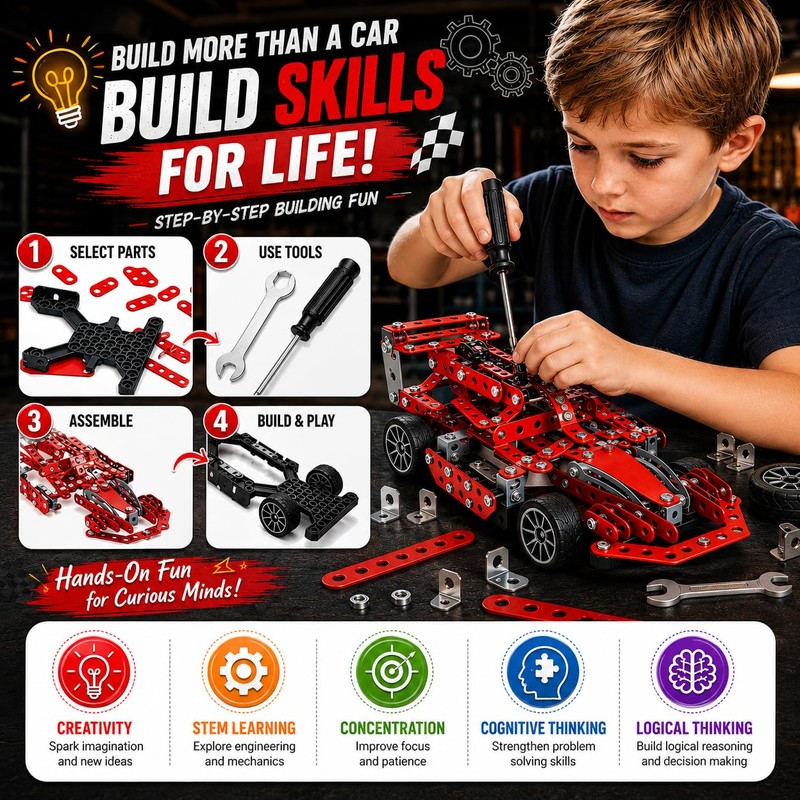 DIYBee Metal Model Car Kit, 287 Pcs STEM Building Toy