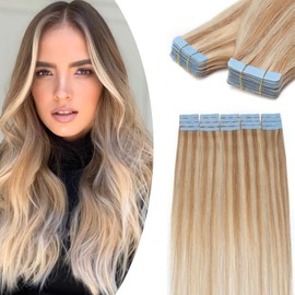 22 inches SEGO Tape in Hair Extensions Real Remy Human Hair 40PCS [#18/613 Ash Blonde&Bleach Blonde] Full Head Hairpieces Invisible Straight Skin Weft Seamless (100g)