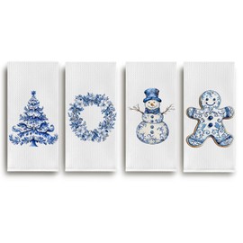 Cilrii Chinoiserie Christmas Kitchen Towels, Blue and White Christmas Dish Tea Towels for Kitchen Decor, Xmas Tree Wreath Snowman Gingerbread Decorative Hand Towel for Bathroom, 16x24 Inch Set of 4